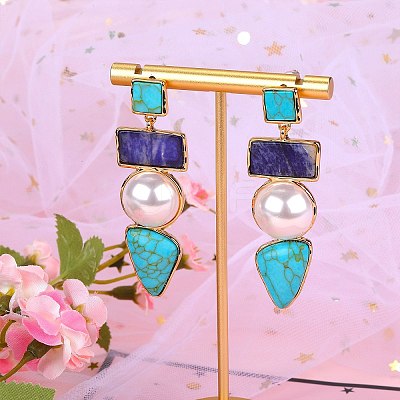 Synthetic Turquoise Rectangle & Triangle Dangle Stud Earrings JE1131A-1