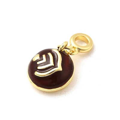 Brass Coconut Brown Enamel Flat Round with Heart European Dangle Charms KK-C113-05G-1
