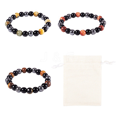 3Pcs 3 Styles 8MM Round Natural Tiger Eye & Black Onyx & Black Obsidian & Synthetic Non-Magnetic Hematite Beads Stretch Bracelets for Women Men BJEW-TA0001-20-1
