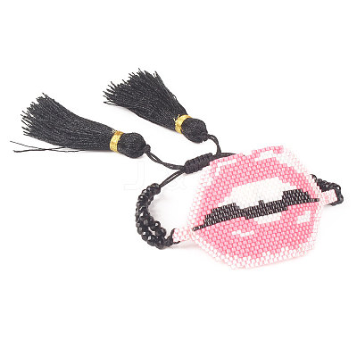 Glass Seed Braided Bead Bracelet with Double Tassel BJEW-A121-02B-1