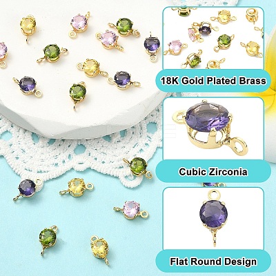 20Pcs 4 Colors Brass Pave Cubic Zirconia Flat Round Connector Charms KK-YW0004-68-1