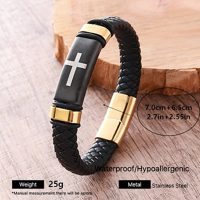 Vintage 304 Stainless Steel Cross Black Braided PU Leather Cord Bracelets for Men RX6261-6-1