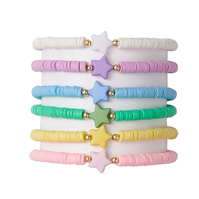 6Pcs 6 Colros Star Acrylic & Polymer Clay Beaded Stretch Kid Bracelet Sets BJEW-JB10673-1