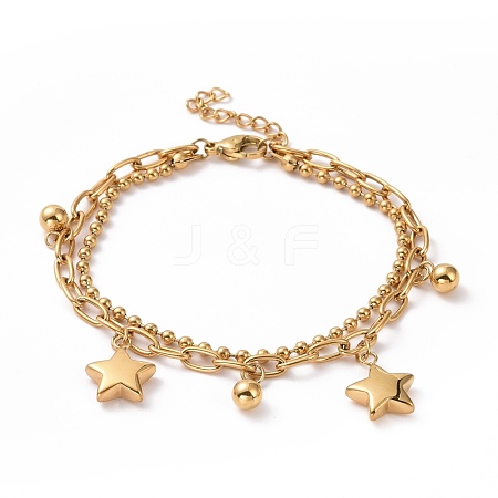 Ion Plating(IP) 304 Stainless Steel Double Layered Chains Multi-strand Bracelet with Star Charms for Women STAS-E154-10G-1