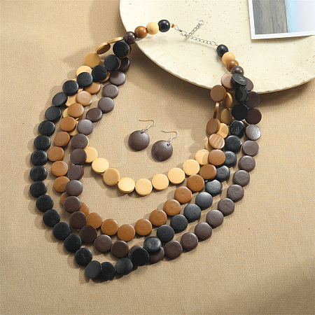 Flat Round Wood Beaded Multilayer Necklaces & Dangle Earrings Sets WG6D4EB-02-1