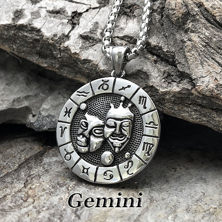Flat Round with Engraved Twelve Constellation Alloy Pendant Necklace for Women Men WG25F4B-07-1