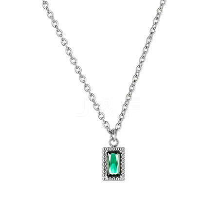 Vintage 304 Stainless Steel Emerald Rhinestone Rectangle Pendant Necklaces for Women NI1330-2-1