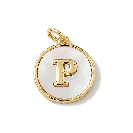 Brass Pave Natural Shell Flat Round with Letter Charms KK-Z115-13G-P-1