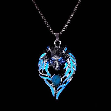 Luminous Glow In The Dark Enamel Wolf Pendant Necklace with Synthetic Turquoise Beaded LUMI-PW0006-66A-1