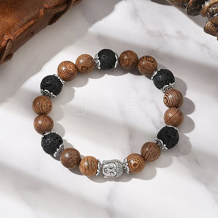 Natural Wood & Lava Rock Round Beads Stretch Bracelets BJEW-JB12353-02-1