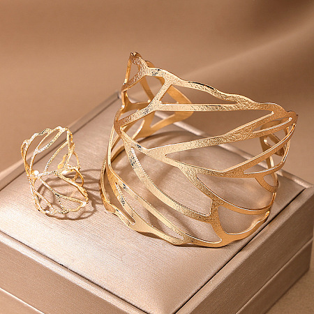 Hollow Out Leaf Alloy Cuff Bangles & Cuff Rings Sets FS-WG00ED8-01-1