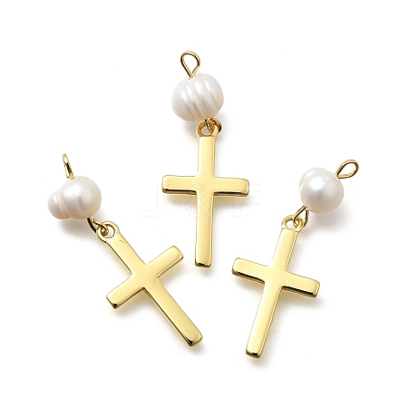 Brass & Natural Pearl Cross Pendants KK-Z093-39G-1