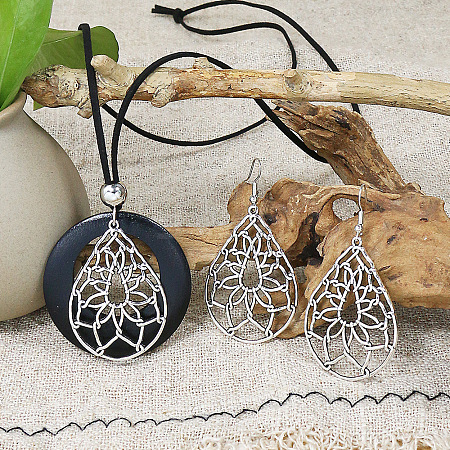 Ethnic Style Alloy & Wood Pendant Necklaces & Dangle Earrings Sets WG8B2BF-02-1