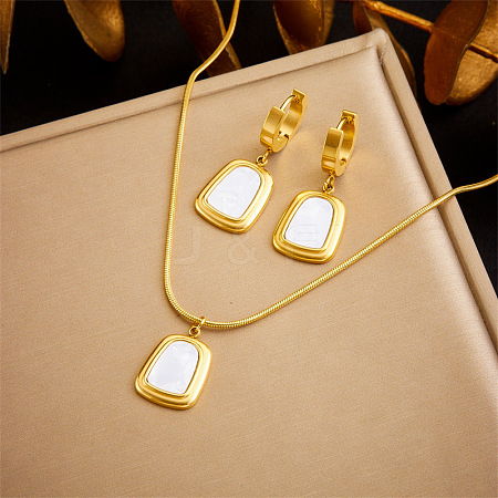 Trapezoid Stainless Steel with Natural Shell Pendant Necklaces & Hoop Earrings Sets WG9CFB5-02-1