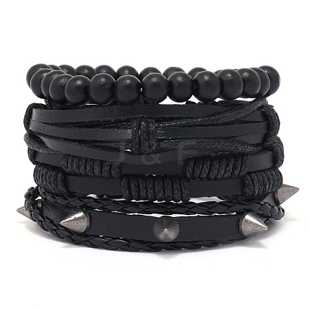 4Pcs 4 Styles Wood Beads Stretch Braceletas & Alloy Artificial Leather Cord Bracelet Sets for Men FS-WG9743B-04-1
