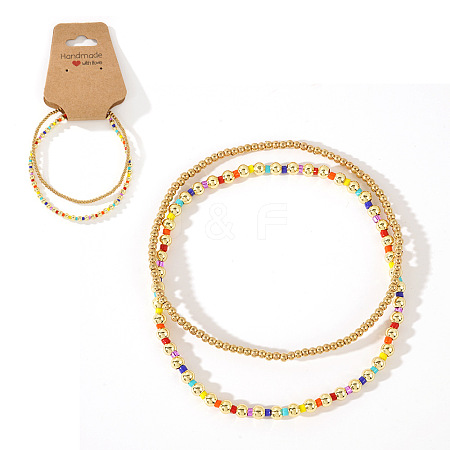 2Pcs Fashionable Brass & Seed Beads Beaded Stretch Bracelet Sets for Women ZD1327-7-1