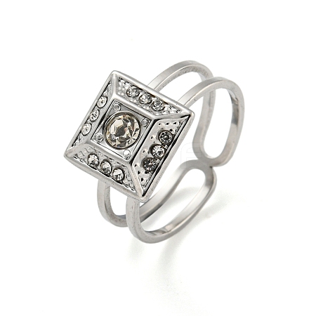 304 Stainless Steel Rhinestone Square Finger Rings for Women Men STAS-Z060-01P-1