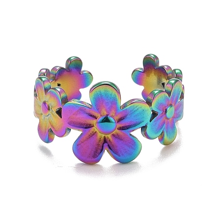 Rainbow Color Ion Plating(IP) 304 Stainless Steel Flower Wrap Open Cuff Ring for Women RJEW-A005-19-1