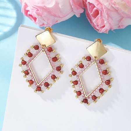 Rhombus Mixed Stone & Glass Seed Beads Dangle Stud Earrings EJEW-MZ00666-02-1