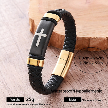 Vintage 304 Stainless Steel Cross Black Braided PU Leather Cord Bracelets for Men RX6261-6-1