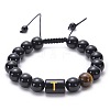 10MM Natural Black Onyx(Dyed & Heated) and Tiger Eye Alphabet Round Braided Bead Adjustable Bracelets for Women DM6424-20-1