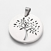Non-Tarnish Trendy Flat Round with Tree Necklace Findings 304 Stainless Steel Textured Pendants X-STAS-L012-D09P-2