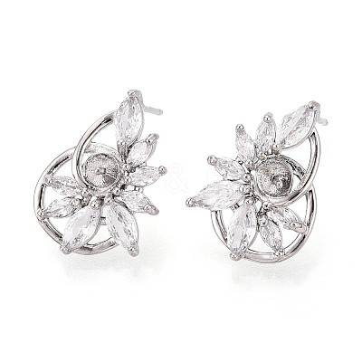 Flower Brass Micro Pave Clear Cubic Zirconia Stud Earrings Findings for Half Drilled Beads KK-T071-07P-1