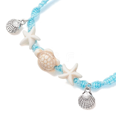 Adjustable Summer Beach Dyed Synthetic Turquoise Starfish Turtle Braided Bead Anklets AJEW-AN00774-1