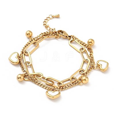 Shell Heart and Round Ball Charm Multi-strand Bracelet BJEW-G639-12G-1