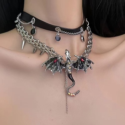 Alloy Resin Rhinestone Dragon Pendant Black PU Leather Double Layer Choker Necklaces for Women FS-WGA08B0-01-1