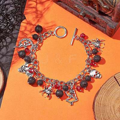 Halloween Natural Lava Rock and Glass Cable Chains Charm Bracelets BJEW-TA00476-1