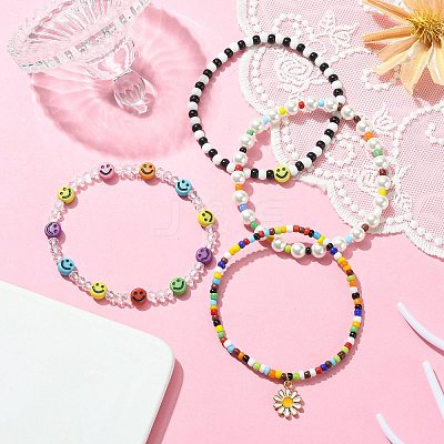 4Pcs 4 Style Natural Pearl & Smiling Face Acrylic & Glass Seed Stretch Bracelets Set BJEW-TA00238-1