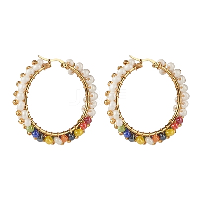 Glass Beads Braided Big Hoop Earrings EJEW-JE04848-05-1
