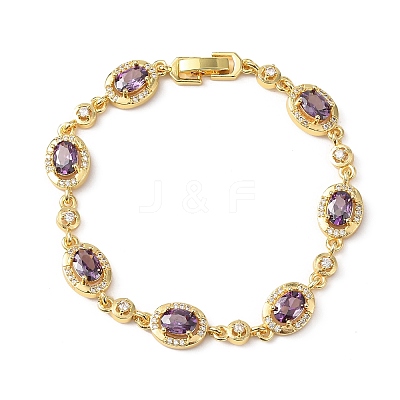 Oval Brass Micro Pave Cubic Zirconia Link Chain Bracelets for Women BJEW-D387-04G-1