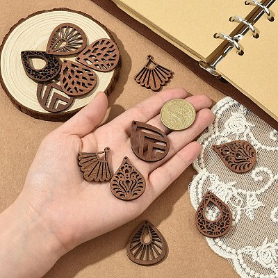 12Pcs 6 Styles Walnut Wood Laser Cut Pendants WOOD-YW0001-61-1
