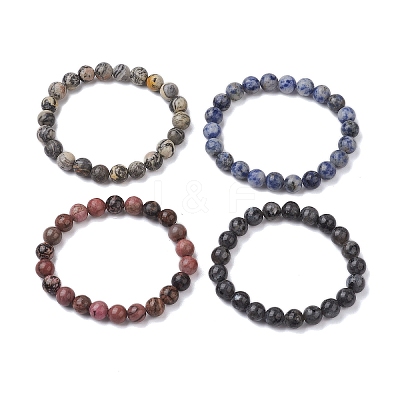 4Pcs Constellation 8mm Round Natural Larvikite & Blue Spot Jasper & Rhodonite & Picasso Jasper Beaded Stretch Bracelets for Women BJEW-JB10639-1