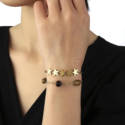 Ion Plating(IP) 304 Stainless Steel Star Link Chains Double Layer Multi-strand Bracelet BJEW-K238-08G-1