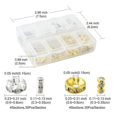 240Pcs 8 Styles Iron & Brass Rhinestone Spacer Beads FIND-FS0001-34-1