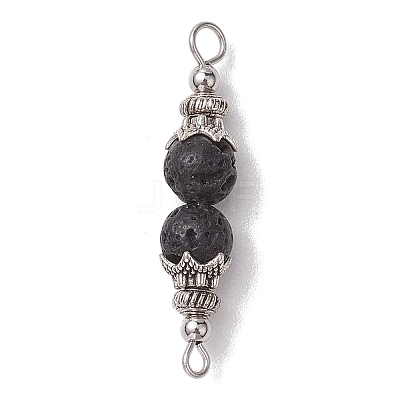 Natural Lava Rock Round Beaded Connector Charms PALLOY-JF02715-1