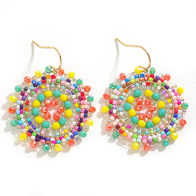 Bohemian Flat Round Iron Glass Seed Beads Dangle Earrings FS-WG46224-05-1