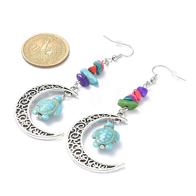 Dyed Synthetic Turquoise Crescent Moon with Tortoise Dangle Earring EJEW-JE05269-02-1