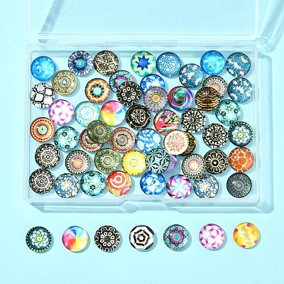 60Pcs Printed Glass Half Round Cabochons GGLA-FS0001-14-1