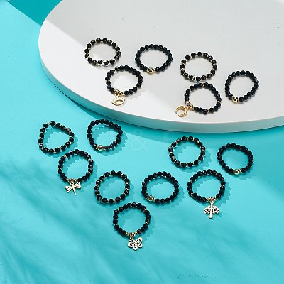 15Pcs 5 Set Natural Black Onyx & Synthetic Hematite Beaded Stretch Rings Set RJEW-JR00521-1