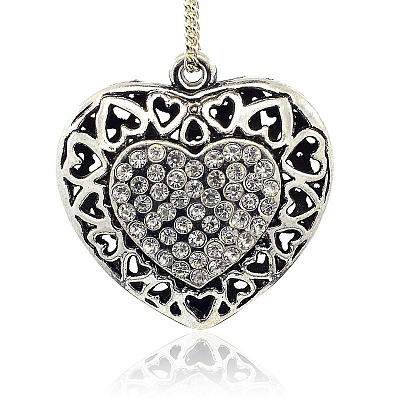 Hollow Antique Silver Plated Alloy Rhinestone Heart Pendants RB-J195-01AS-1