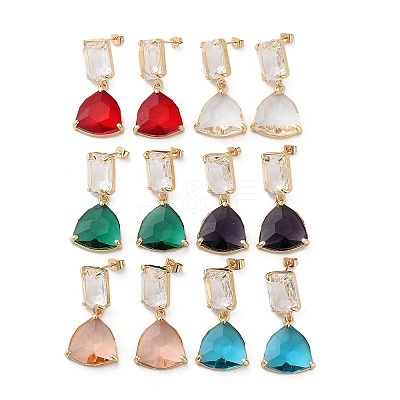 Golden Brass with Glass Dangle Stud Earrings GLAA-B015-16-1