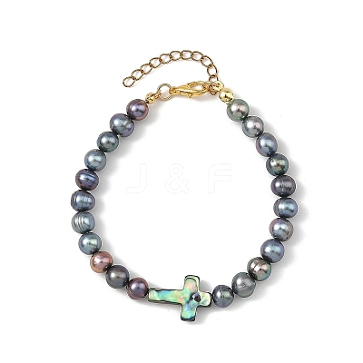 Dyed Natural Cultured Freshwater Pearl Round Beaded Bracelets with Religion Cross Natural Paua Shell for Women BJEW-JB14274-1