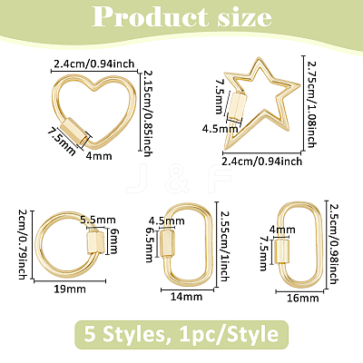 5Pcs 5 Styles Brass Screw Carabiner Lock Charms ZIRC-DC0001-36-1