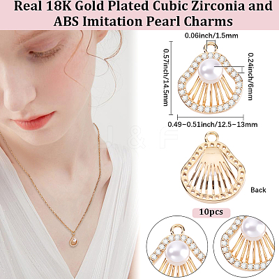 10Pcs Brass Micro Pave Clear Cubic Zirconia and ABS Imitation Pearl Pendants KK-BBC0023-98-1