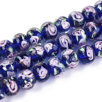 Handmade Lampwork Inner Flower Rondelle Beads Strands LAMP-T022-24D-1
