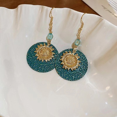 Flat Round with Sunflower Alloy Glass Dangle Earrings FS-WG8AC10-01-1